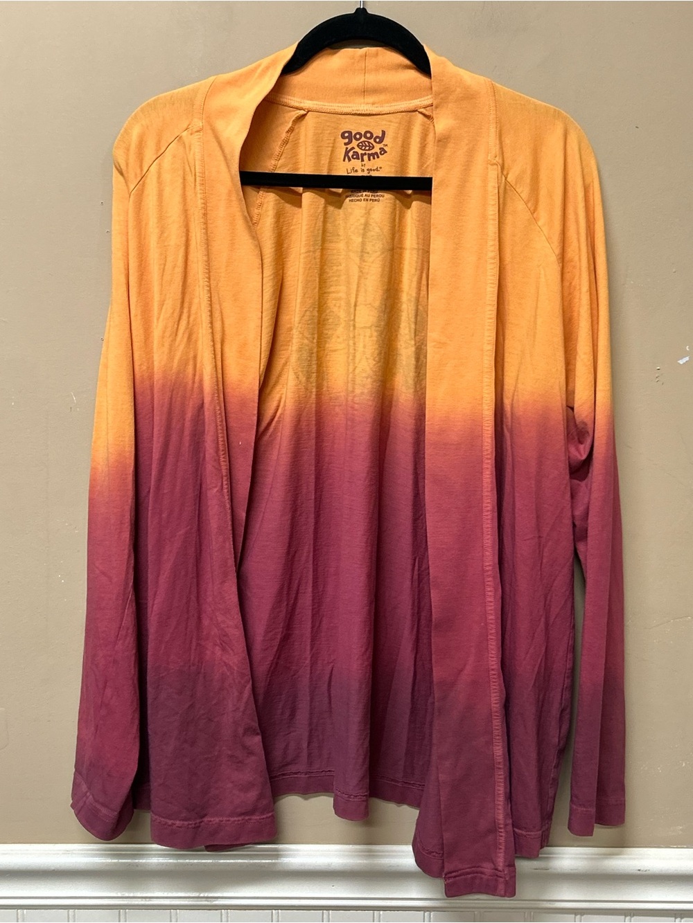 Good Karma Life is Good Open Front Cardigan Women’s Size L Orange Ombre